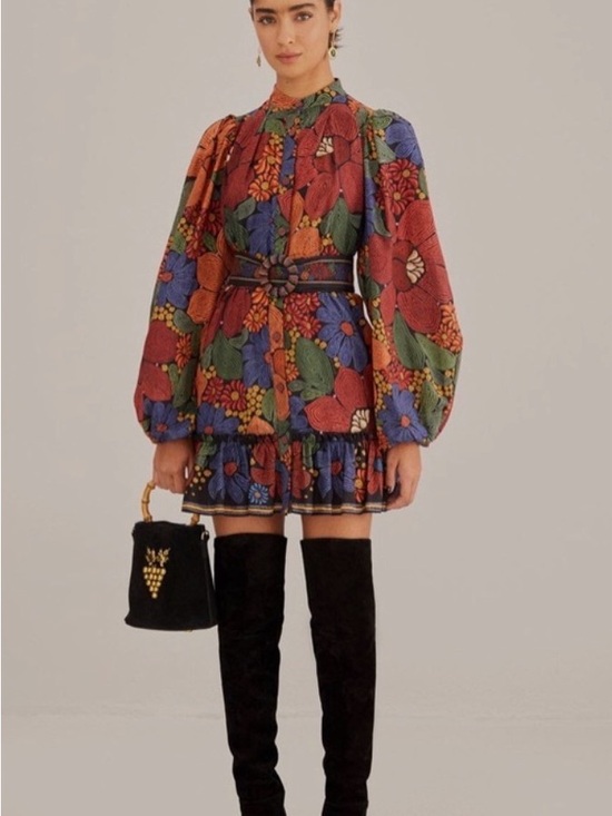 FARM Rio Dresses & Skirts - FARM RIO Stitched Flowers Belted Long Sleeved Mini Shirtdress Sz Med